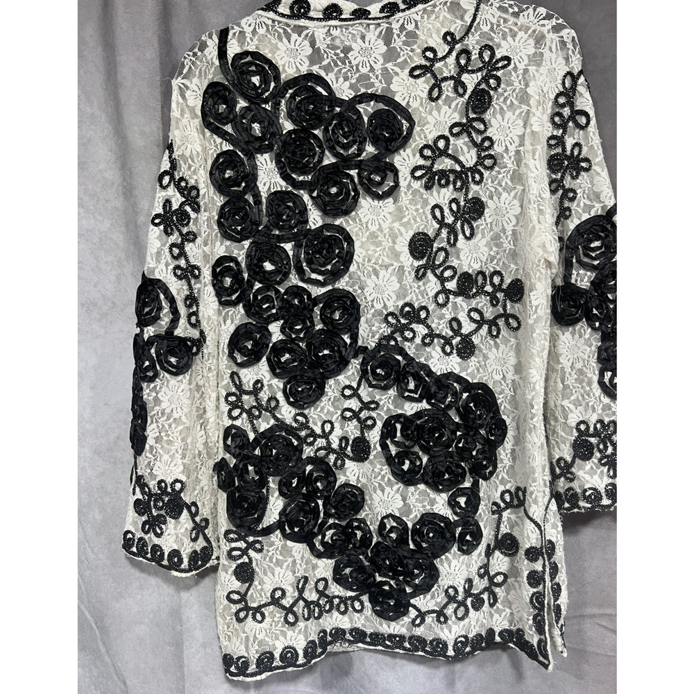 Lauren Michelle White Lace Top Black Ribbon Roses Soutache Metallic Embellished - Picture 2 of 3